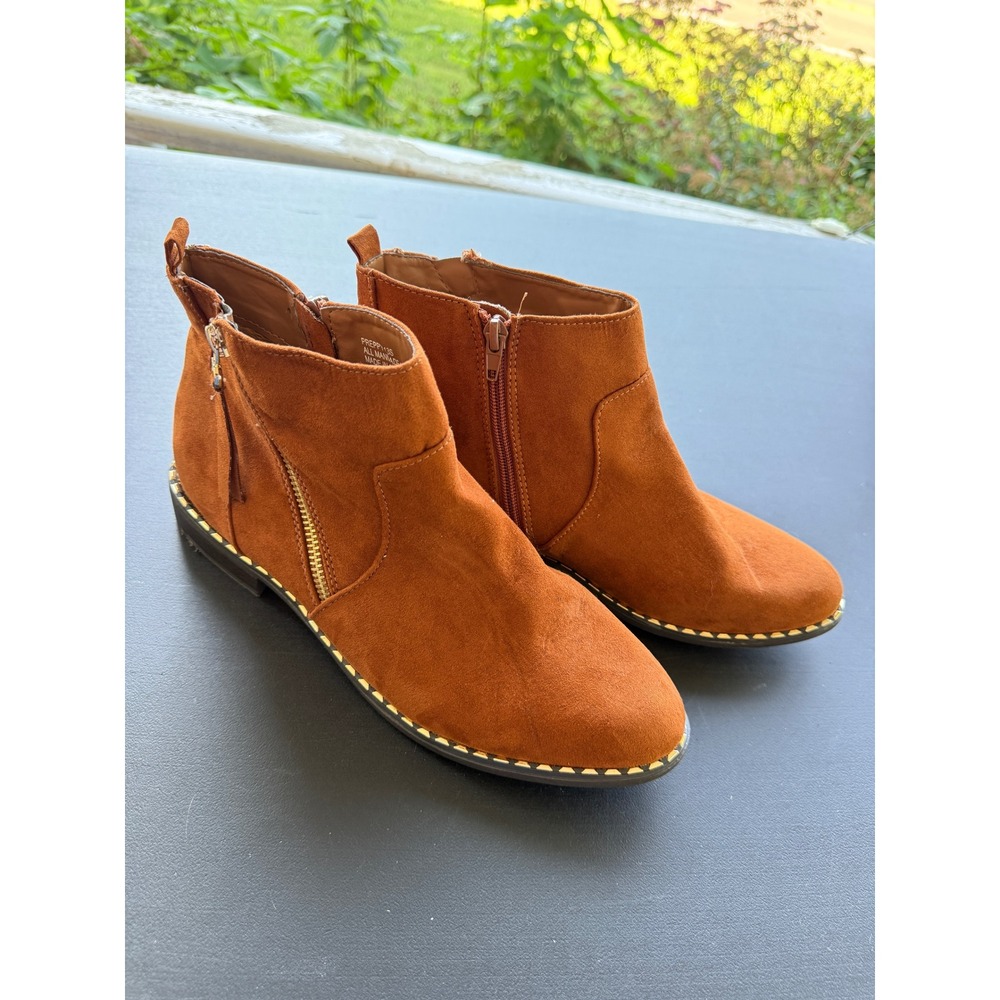 Rouge Women's Faux Suede Ankle Booties Cognac Brown Side Zip Size 10